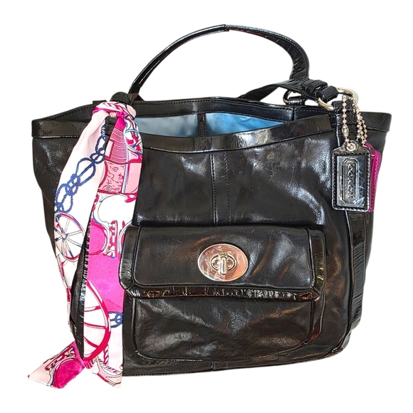 COACH Black Leather with Patent Leather Trim Shoulder Bag with Silver Accents - Picture 10 of 16